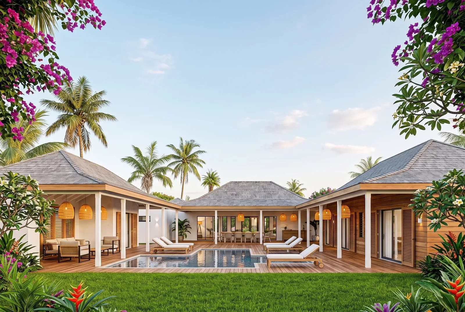 Villa type 2, en U autour de la piscine · perspective d’intention